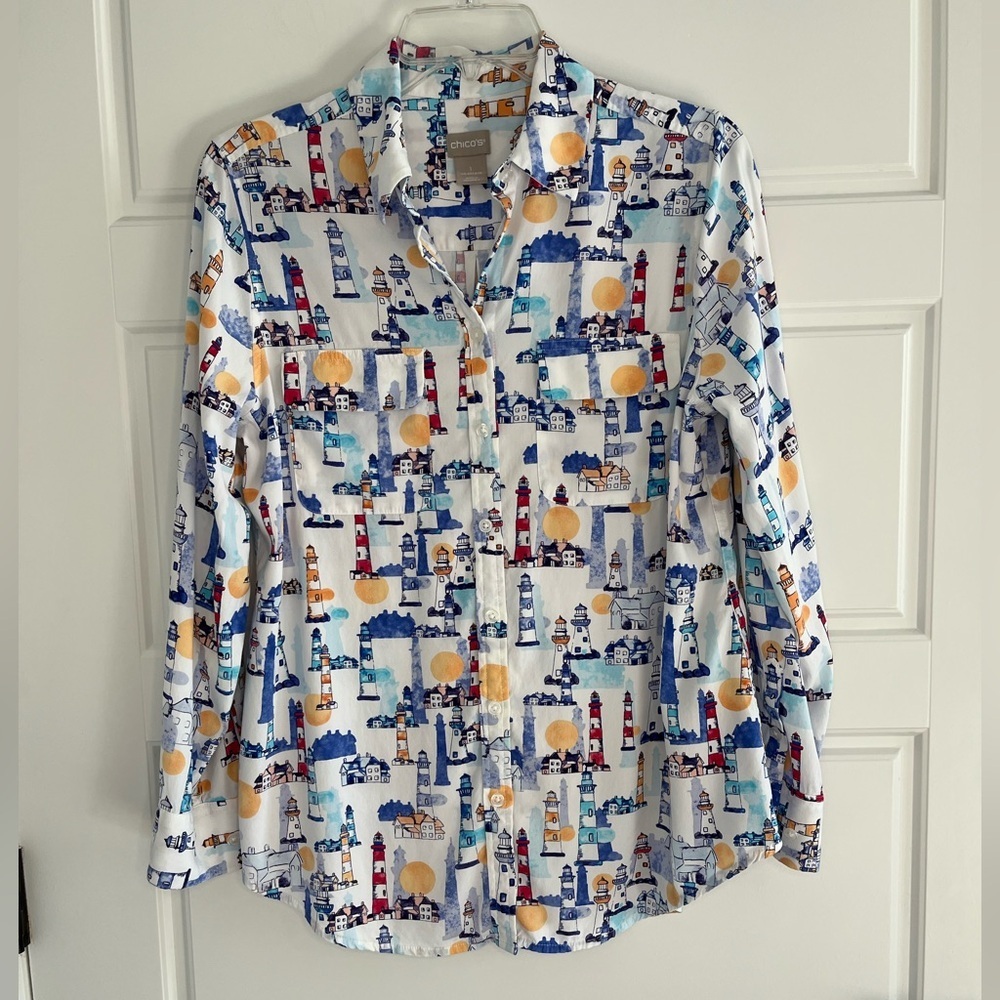 Chico's Novelty Lighthouse Multicolored Long Sleeve Button Up Blouse Soft 8-10